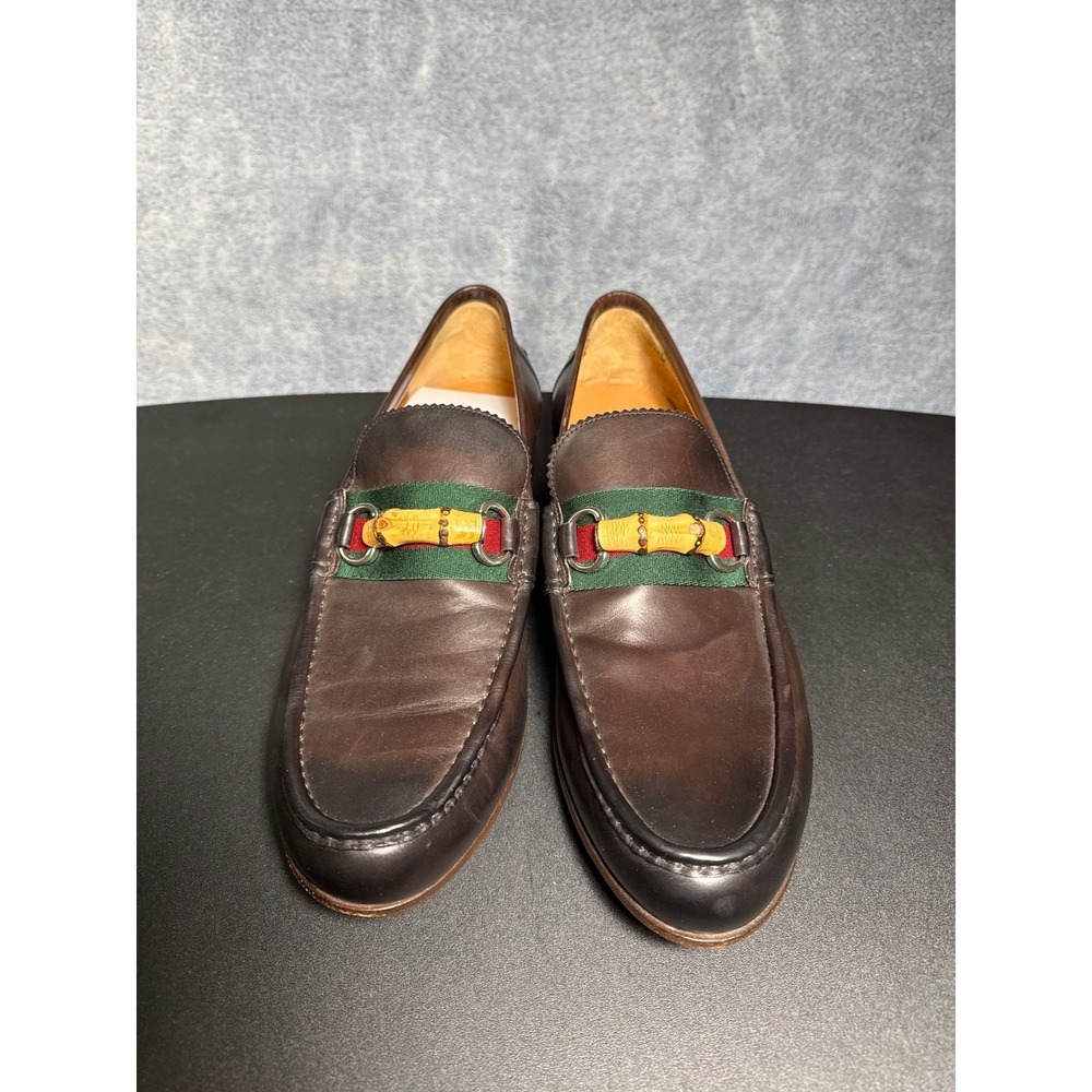 New Gucci Mens Bamboo Web Stripe Leather Loafers Dark Brown 10.5 Made in Italy